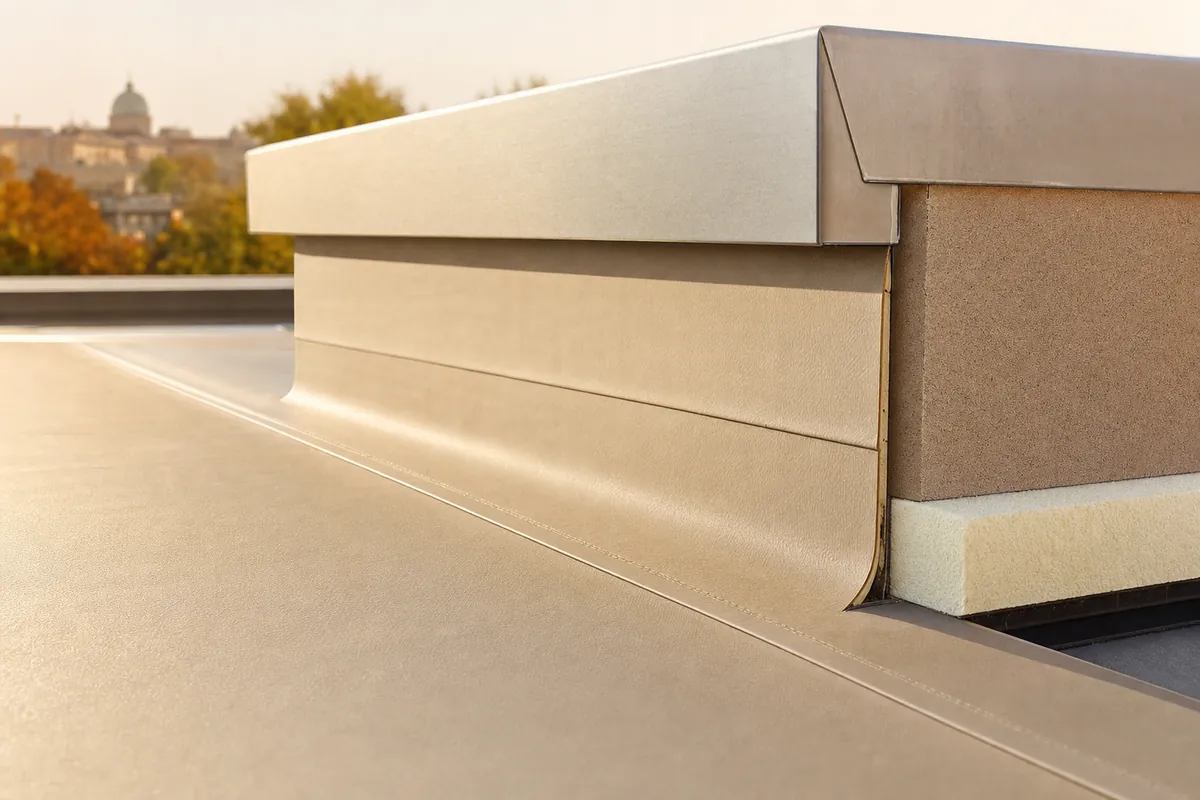 A single-ply membrane wrapping up to a clean metal-capped parapet flashing on a commercial flat roof