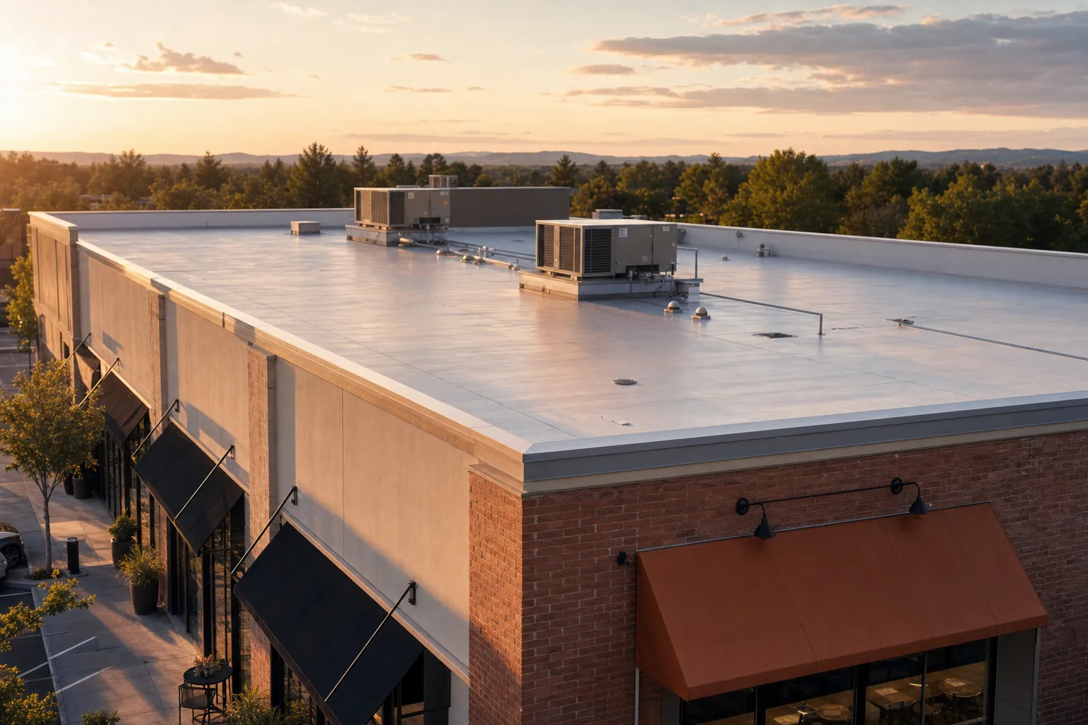 A modern commercial building with a freshly finished flat roof and rooftop units in warm late-afternoon light