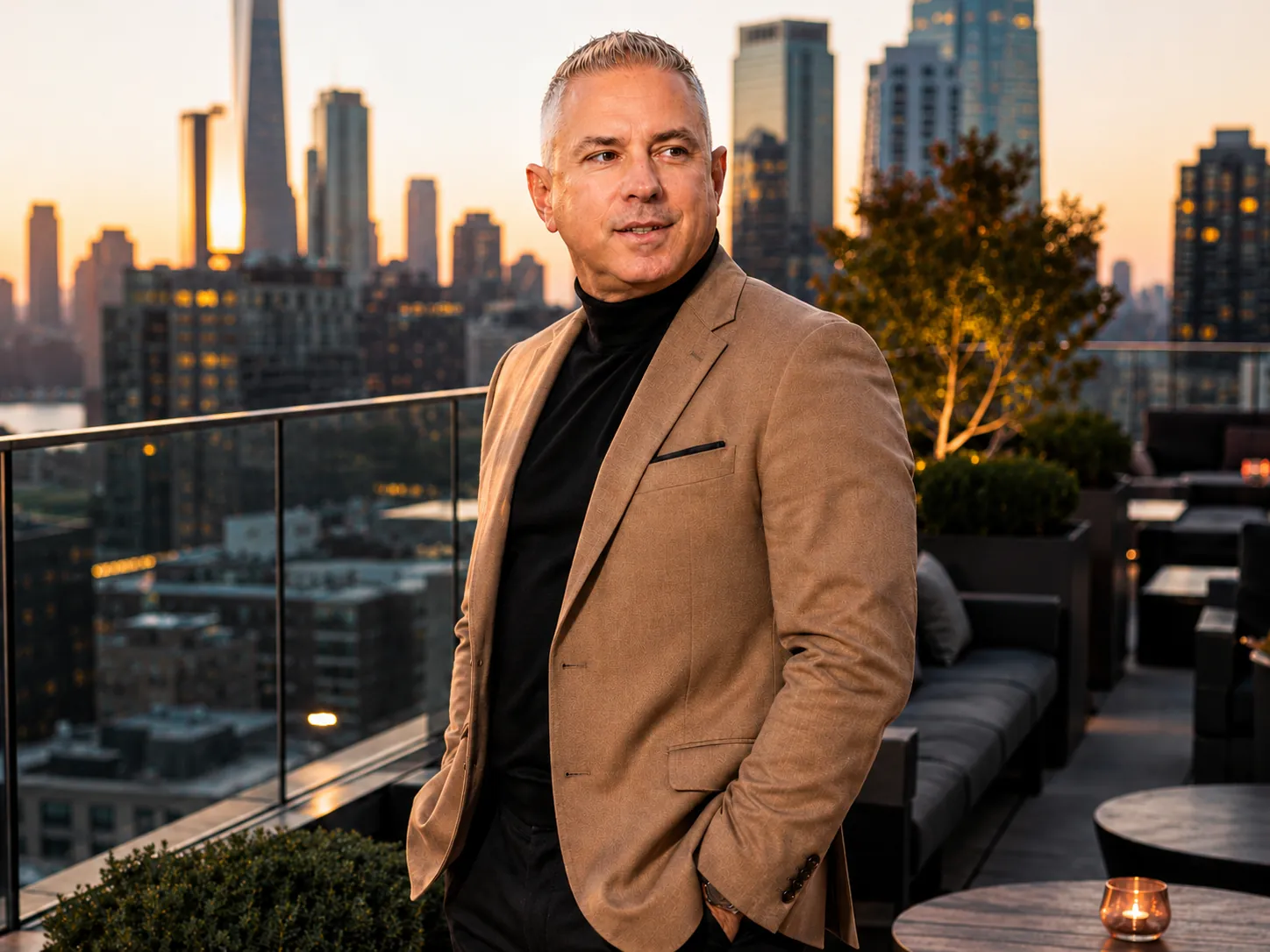 David Gembala, commercial roofing executive, on a rooftop terrace with a city skyline behind him